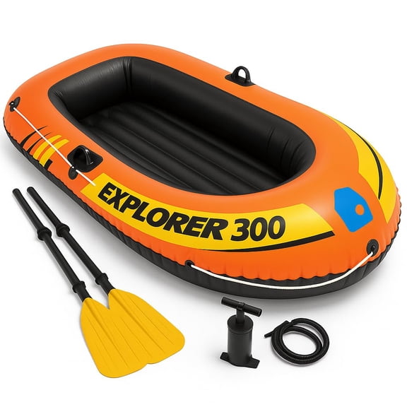 58332EP Explorer 300 Inflatable Boat Set for 3 Persons, 410LB Weight Capacity, Dual Air Chambers, Deluxe Oars, Mini Hand Pump, Grab Rope, Family Raft for Lake and Pool