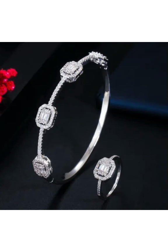 585 Rose Gold CZ Round Cuff Stackable Bangle Bracelet Ring Set Fashion Jewelry