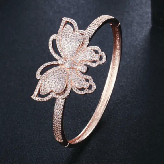 585 Rose Gold Plated Cubic Zircon CZ Bridal Big Butterfly Round Wide Open Bangle