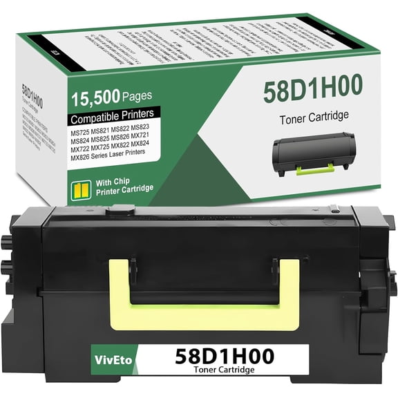 58D1H00 Black High Yield Toner (with New Chip) Repalcement for Lexmark 58D1H00 Toner Cartridge 58D1000 for MS725 MS821 MS822 MS823 MS824 MS825 MS826 MX721 MX722 Laser Printers, 1 Pack 58D1H00 Ink