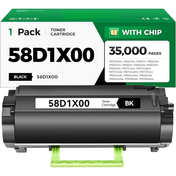 58D1X00 Toner Cartridge with Chip 1-Pack Black Extra High Yield Compatible Replacement for Lexmark MS725 MS821 MS822 MS823 MS824 MS825 MS826 MX721 MX722 MX725 MX822 MX824 MX826 Laser Printer Ink dn