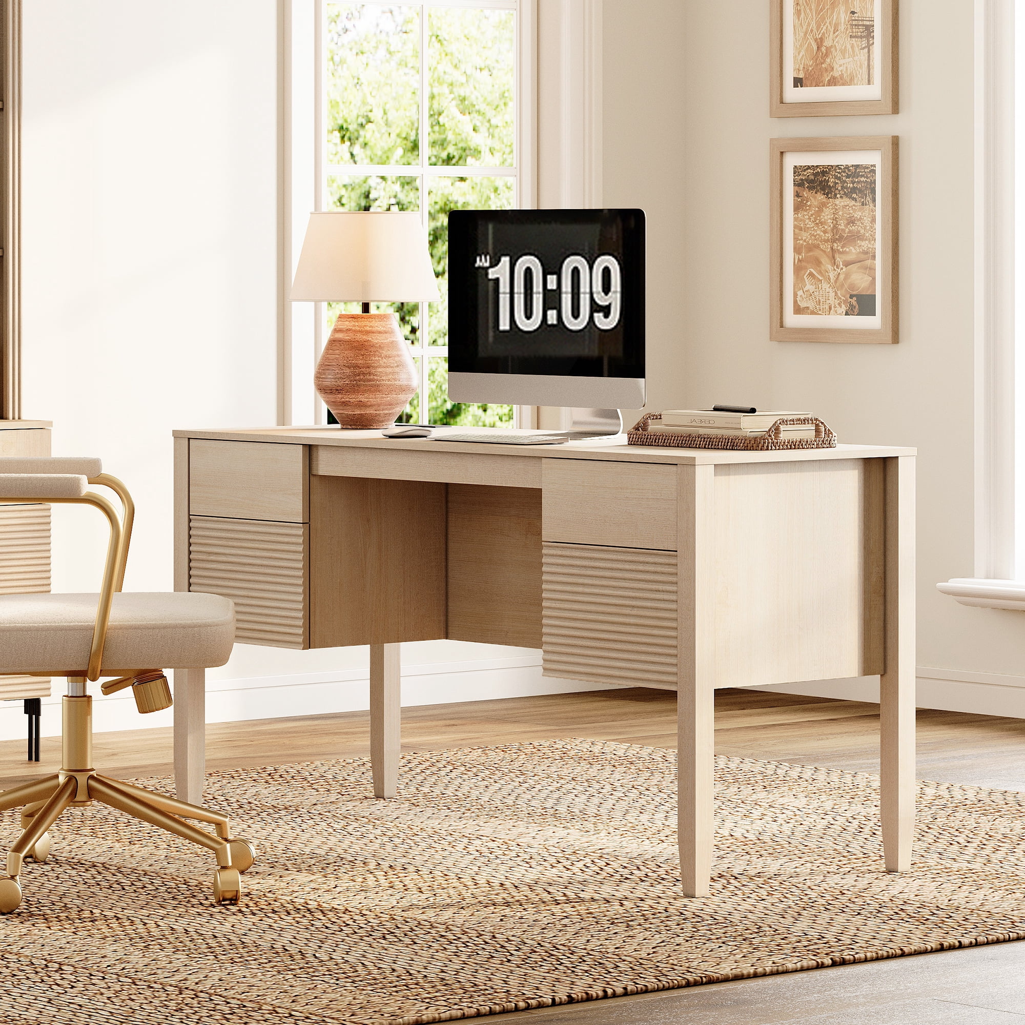 58Inch Fluted Executive Desk with Power Outlet and Doors, Modern Computer Writing Desks with Rear Storage Compartment Design, Home Office Desk with Drawers For Work And Study