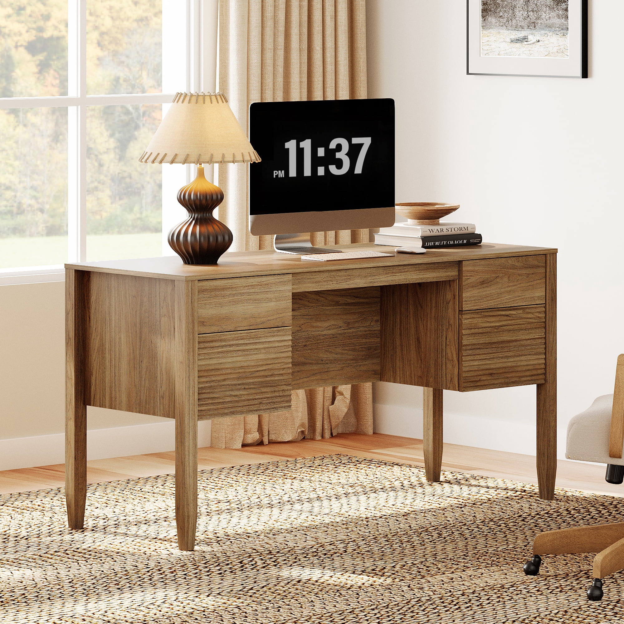58Inch Fluted Executive Desk with Power Outlet and Doors, Modern Computer Writing Desks with Rear Storage Compartment Design, Home Office Desk with Drawers For Work And Study