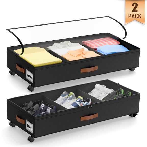 Under Bed Storage with Wheels, 2 Pack Under Bed Storage Containers with Compartments, Underbed Shoe Storage Organizer Bins, Rolling Drawers for Clothes, Blankets, Toys (Black)