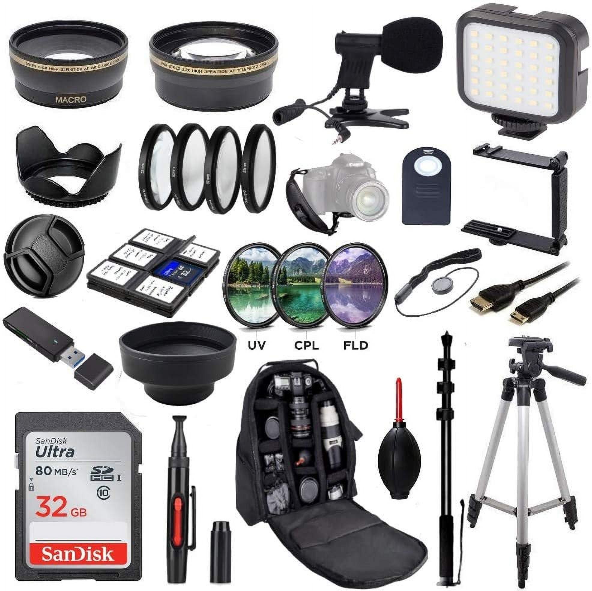 58MM Ultimate Camera Accessory Bundle (Mic + Video Light UV, CPL, FLD, Telephoto Lens + Macro Lens Set) for Canon EOS Rebel T7i SL2 T6s T6 T5i T5 T3i 80D