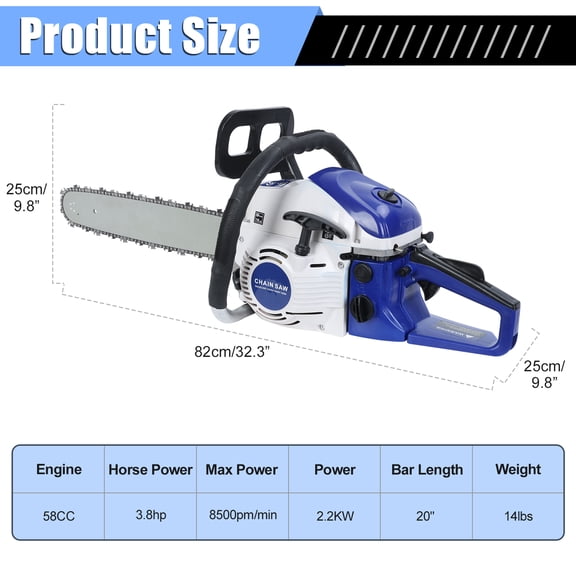 58cc Gas Chainsaw 2-Cycle Handheld Gas Chain, High-Power Logging Saw for Wood Cutting and Tree Trimming