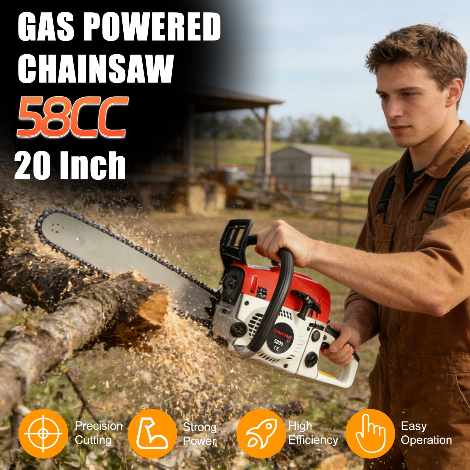 58cc Gas Chainsaw - 3.2 HP Powerful Wood Cutting Saw, 20" Guide Bar, Handheld Chainsaw for Tree Cutting