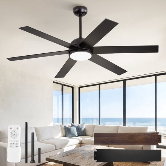 Lokivas 58" Black Ceiling Fan with Light and Remote, Quiet DC Motor, Dimmable LED Lighting, 6-Speed Indoor Fan for Large Living Room or Bedroom