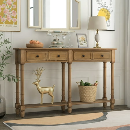 58in Long Accent Entry Console Table with Drawers & Bottom Open Shelf, Solid Wood Sofa Couch Side Table for Entryway Hallway Living Room (Old Pine)
