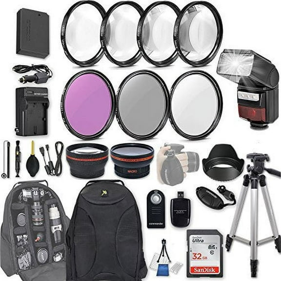 58mm 28 Pc Accessory Kit for Canon EOS Rebel SL1, 100D DSLR with 0.43x Wide Angle Lens, 2.2x Telephoto Lens, LED-Flash, 32GB SD, Filter & Macro Kits, Backpack Case, and More