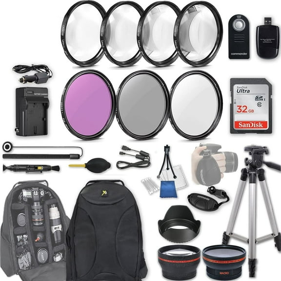 58mm 28 Pc Accessory Kit for Canon EOS T6i, T7i, 77D, T6s, 750D, 800D, 760D DSLRs with 0.43x Wide Angle Lens, 2.2X Telephoto Lens, 32GB SD, Filter & Macro Kits, Backpack Case, and More