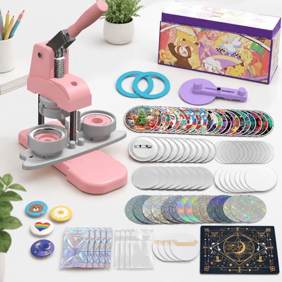 58mm DIY Button Maker Kit, Pink, Includes 50 Button Parts, 100 Pictures, 50 Blank Papers, and Accessories for Custom Badge Making