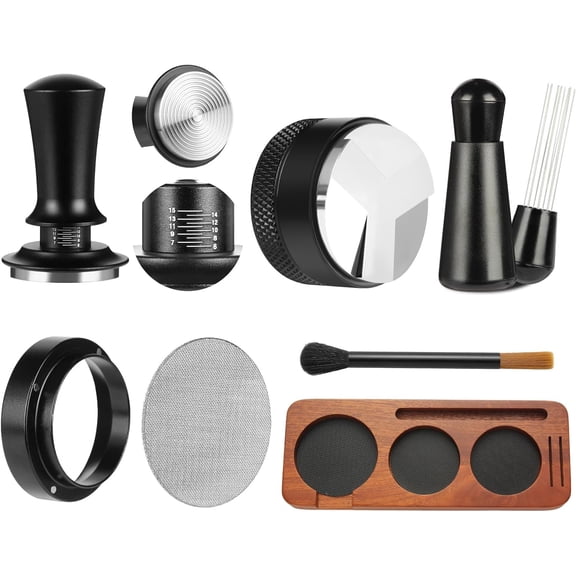 58mm Espresso Accessories Kit, 7Pack Espresso Tamper Tools, WDT Tool Set with Coffee Tamper, Distributor, Dosing Funnel, Stirrer, Puck Screen, Brush & Wood Tamping Station, Fits 58mm Portafilter