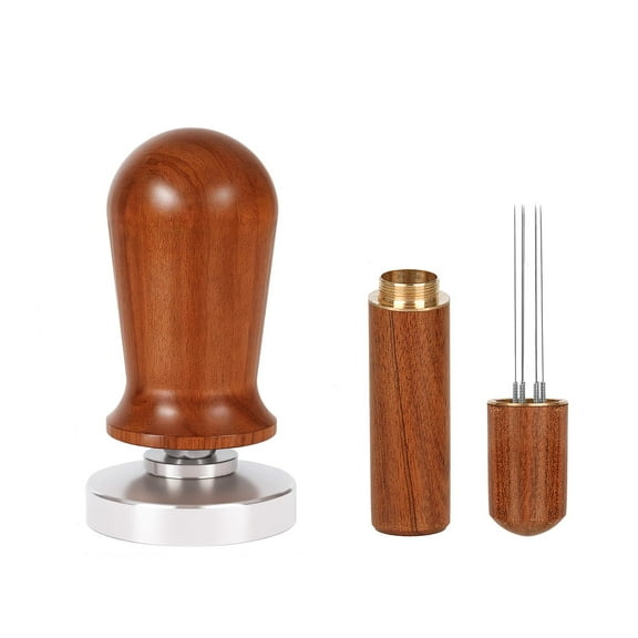 58mm Espresso Tamper & Stirrer Set, Spring-Loaded flat 304 stainless steel Base Coffee Tamper with Distributor, Wooden Handle coffee tamper with WDT Tool for Espresso Machine Accessories