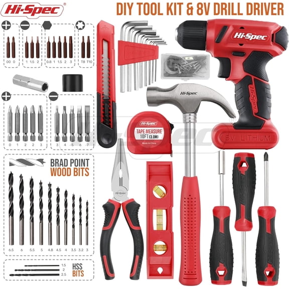 58pc Red 8V USB Cordless Drill Driver & Home Tool Kit Set