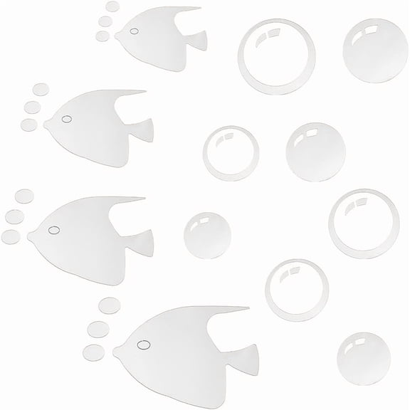 58pcs 8 Size Silver Wall Stickers with 1 Sheet Fish Wall Decals Self Adhesive Acrylic Mirror Effect Wall Stickers for Bedroom Bathroom Birthday Party