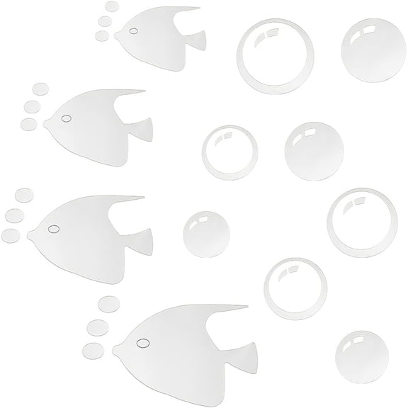 58pcs 8 Size Silver Wall Stickers with 1 Sheet Fish Wall Decals Self Adhesive Acrylic Mirror Effect Wall Stickers for Bedroom Bathroom Birthday Party
