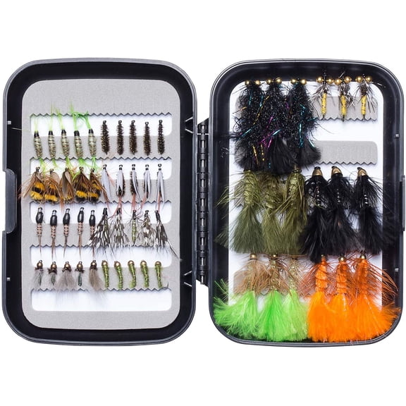 58pcs Fly Fishing Flies Kit with Fly Box for Trout Fishing Include Dry Wet Flies, Nymphs, Streamers