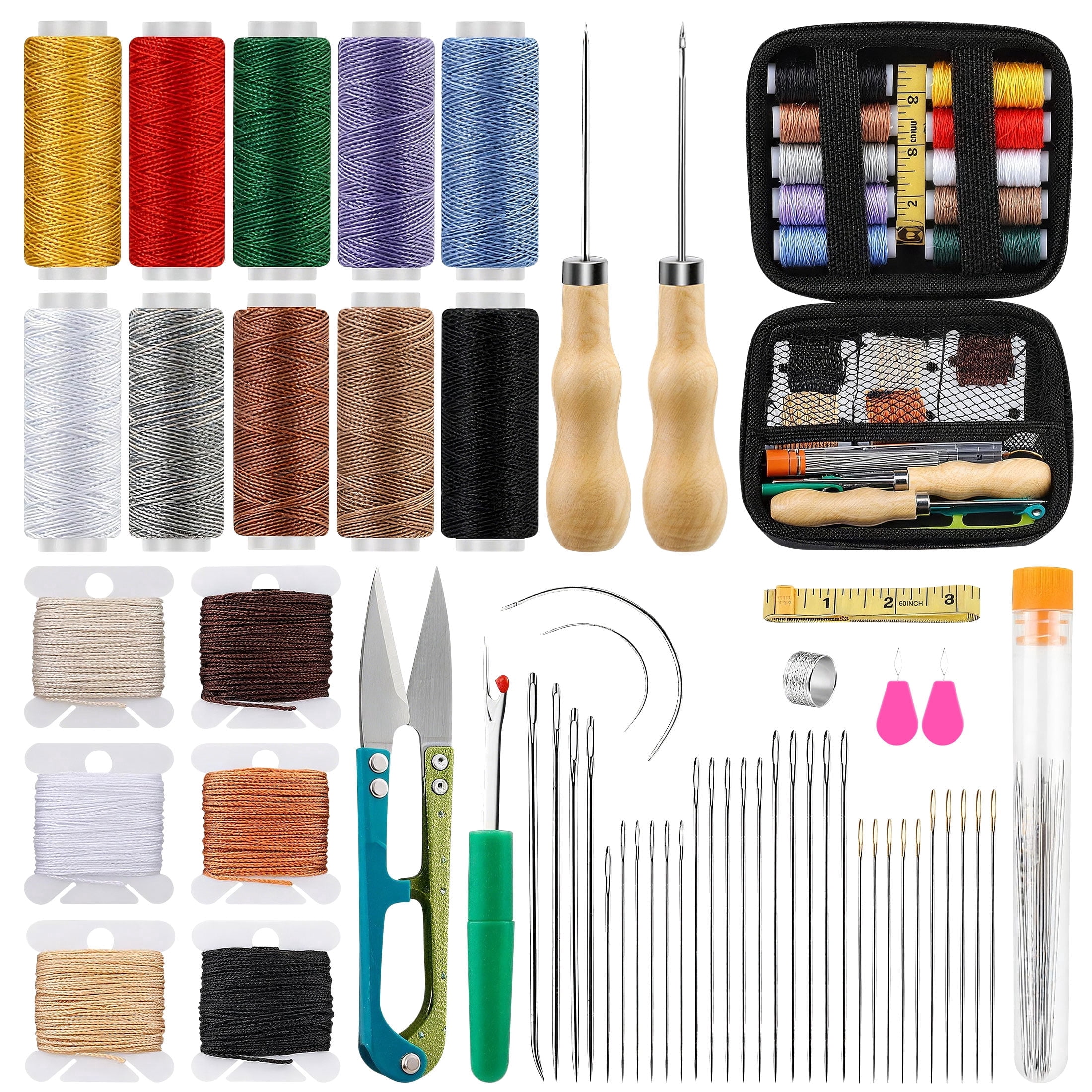 58pcs Leather Sewing Kit, TSV Upholstery Repair Sewing Kit, Heavy Duty Sewing Kit with Sewing Awl, Seam Ripper, Leather Hand Stitching Needles, Threads