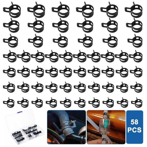 58pcs Spring Hose Clamp Assortment, EEEkit 7 Size Constant Tension Fuel Line Clamps Tube Clamp with Storage Box, Black