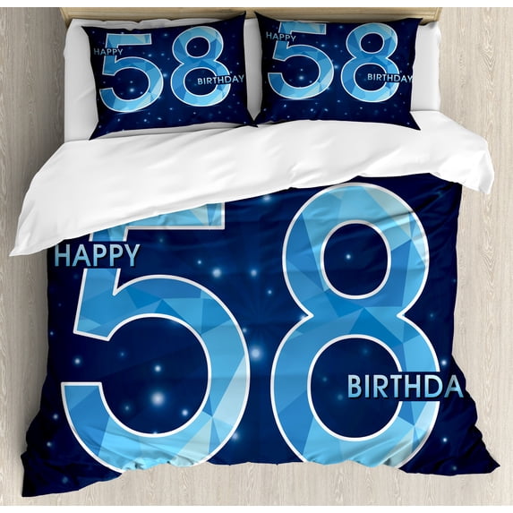 58th Birthday Duvet Cover Set, Number on Open Night Sky with Stars Age Happy and Long Life Print, Decorative 3 Piece Bedding Set with 2 Pillow Shams, King Size, Dark and Sky Blue, by Ambesonne