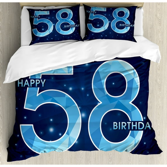 58th Birthday Duvet Cover Set, Number on Open Night Sky with Stars Age Happy and Long Life Print, Decorative 3 Piece Bedding Set with 2 Pillow Shams, Queen Size, Dark and Sky Blue, by Ambesonne