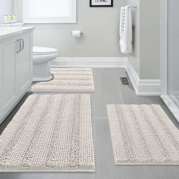 58x20 Inch Large Luxury Ivory Chenille Striped Bath Mat Soft Shaggy Bathroom Rugs Non-Slip Kitchen Rugs Microfiber Washable Water Absorbent Bath Rug Runners for Floor Bathroom Bedroom