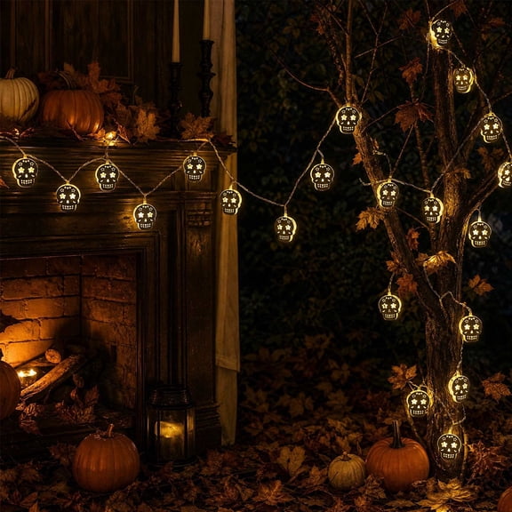 59.05 Inch Halloween Skull LED String Lights, Warm White Battery Operated Light String, Spooky Skeleton Fairy Lights, Decor Lights for Indoor Outdoor Halloween Party