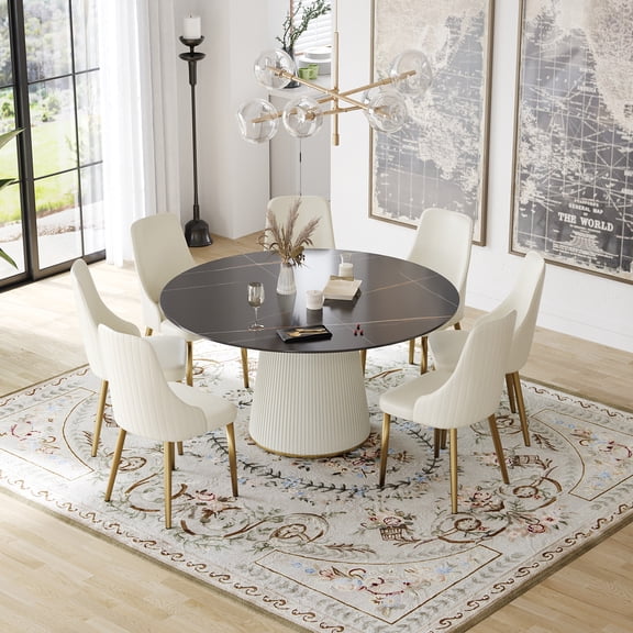59.05" Round Dining Table for 4-6 People,White Sintered Stone Tabletop with Fluted Pedestal Base,Modern Luxury Kitchen & Dining Room Table,Faux Marble Style,No Chairs Included