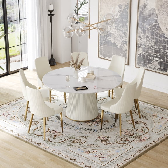 59.05" Round Dining Table for 4-6 People,White Sintered Stone Tabletop with Fluted Pedestal Base,Modern Luxury Kitchen & Dining Room Table,Faux Marble Style,No Chairs Included