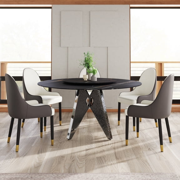 59.05" Round Marble Dining Table withSilver Stainless Steel Design Base, Artificial Marble for 6-8 People, 31.5"Black Artificial Stone Turntable,Black (Dining Table Only)
