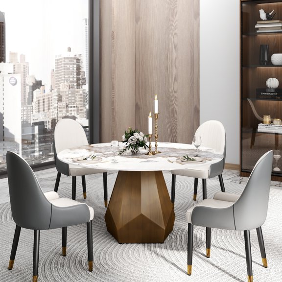 59.05" Round Sintered Stone Table | Seats 8 in Dining Settings | Metal Base Ensures Stability | Low Water Permeability for Easy Cleaning