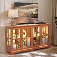 thumbnail image 1 of 59.05" W LED Curio Cabinet with 7 Color Lights, Vintage Glass Display Cabinet with 4 Glass Doors and Adjustable Shelves, Wooden China Case with Smartphone-Controlled for Living Room (Dark Oak), 1 of 8