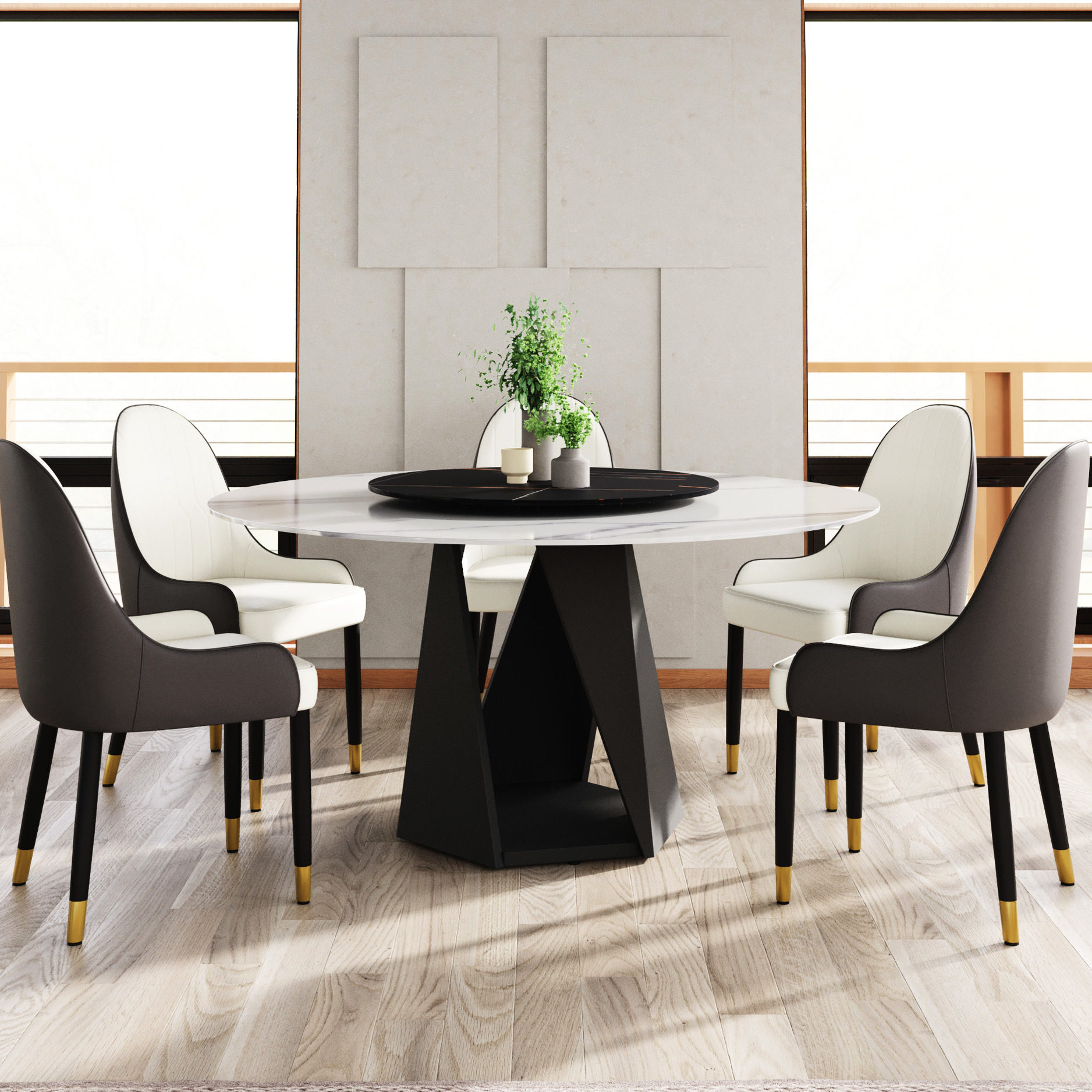 59.05-inch Round Dining Table with Black Iron Base and 31.5-inch ...