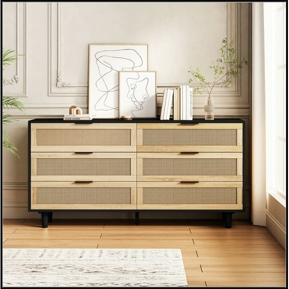 59.06"6-Drawers Rattan Storage Cabinet Rattan Drawer,for Bedroom,Living Room, Black (Same SKU:W757P151921)