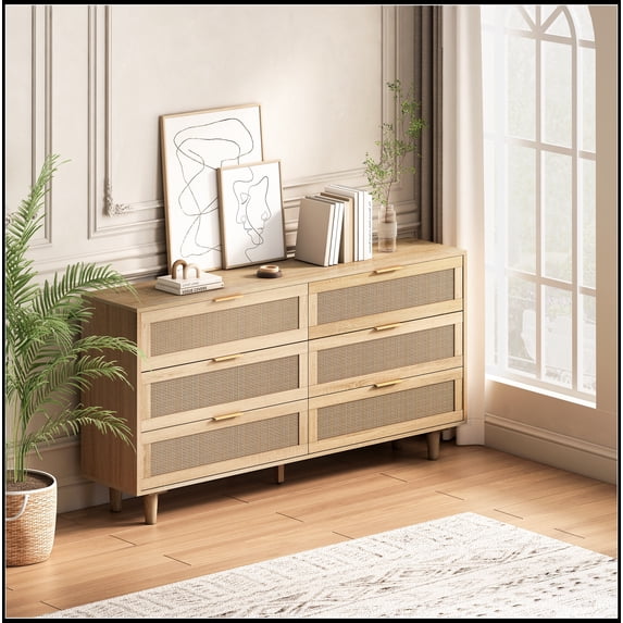 59.06"6-Drawers Rattan Storage Cabinet Rattan Drawer,for Bedroom,Living Room, Natural