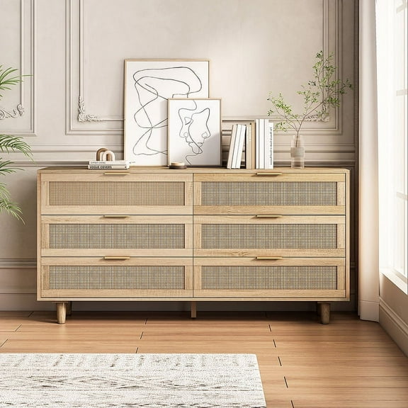 59.06"6-Drawers Rattan Storage Cabinet, Rattan Dresser for Bedroom, Living Room, Natural