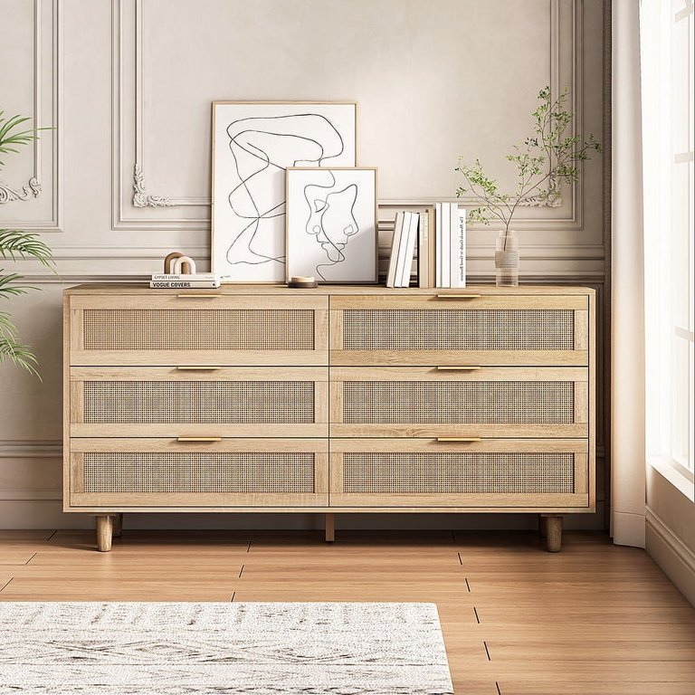 modern rattan dresser George Oliver with 5 Drawers, Tall Closet with Deep Storage, Large Chest of Drawers with Wide Top and the wooden base gives it the strength and durability while maintaining a sleek Modern Rattan Wood Closet 6-Drawer