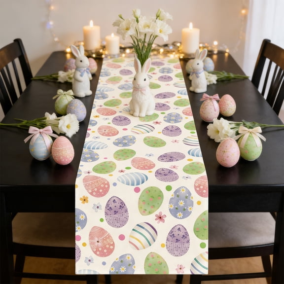 59.06x12.99 Inches Easter Table Runner, Bunny Egg Floral Pattern Placemat, Polyester Fabric Dining Table Decor, Reusable Waterproof Tablecloth, for Easter Party, Holiday Home Decor