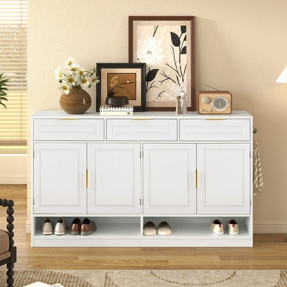 59.1" Buffet Cabinet with 3 Drawers & 4 Doors, Multi-Functional Storage Buffet with Adjustable Shelf and Open Storage Compartments, Suitable for Dining Room, Living Room, Entryway, White