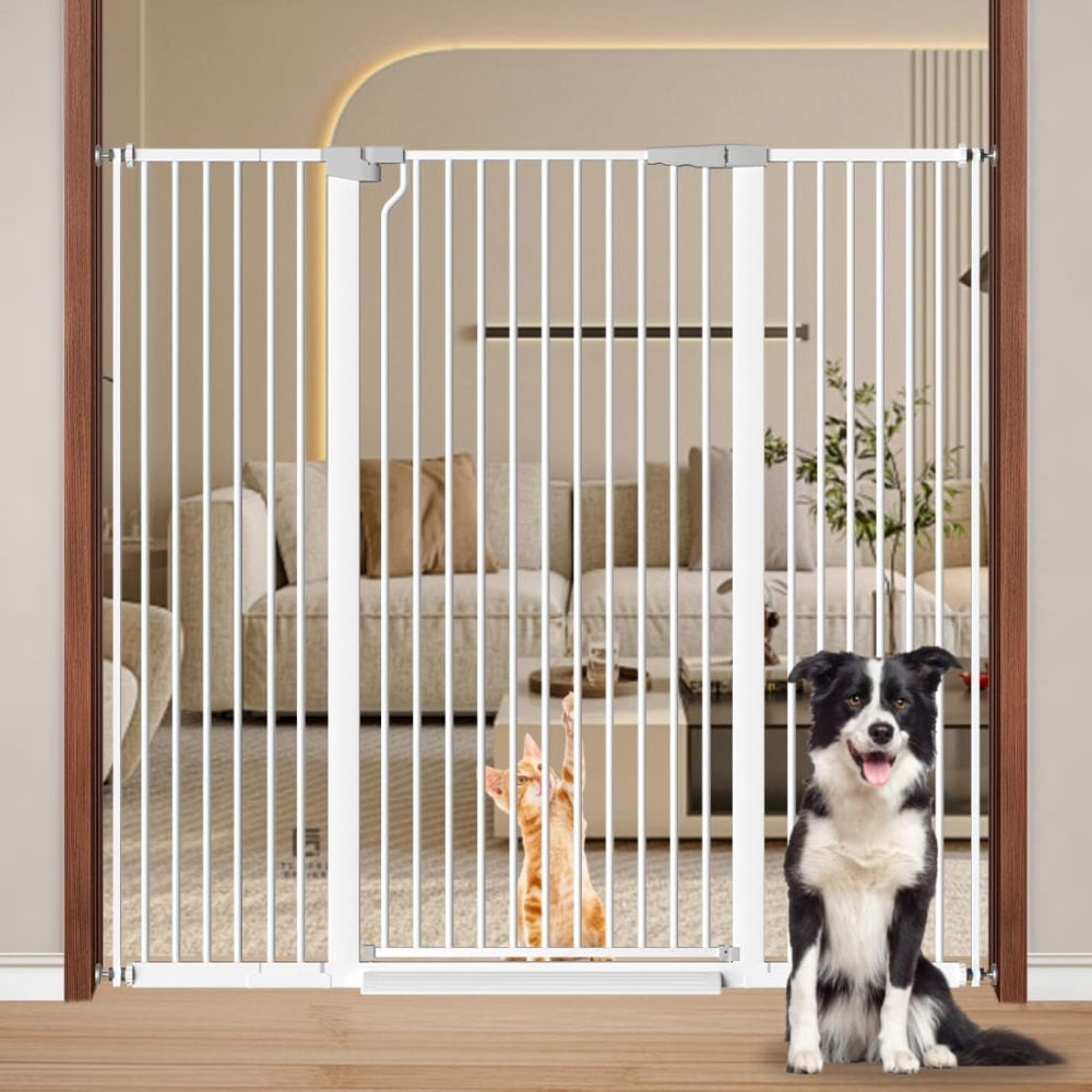 59.1" Extra Tall Pet Gate for Doorways, 30"-41.7" Extra Wide Long Baby Gate for Stairs, Metal Pressure-Mounted Walk-Through Dog Gate, Auto Close Safety Child Gate Indoor Use, White