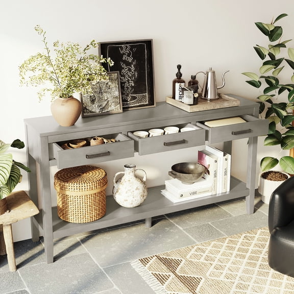 59.1" Farmhouse Entryway Table with 3 Drawers, Painted Console Table with Bottom Shelf & Iron Handles, Minimalist Sofa Table for Living Room, Hallway, Kitchen, Bedroom, Office
