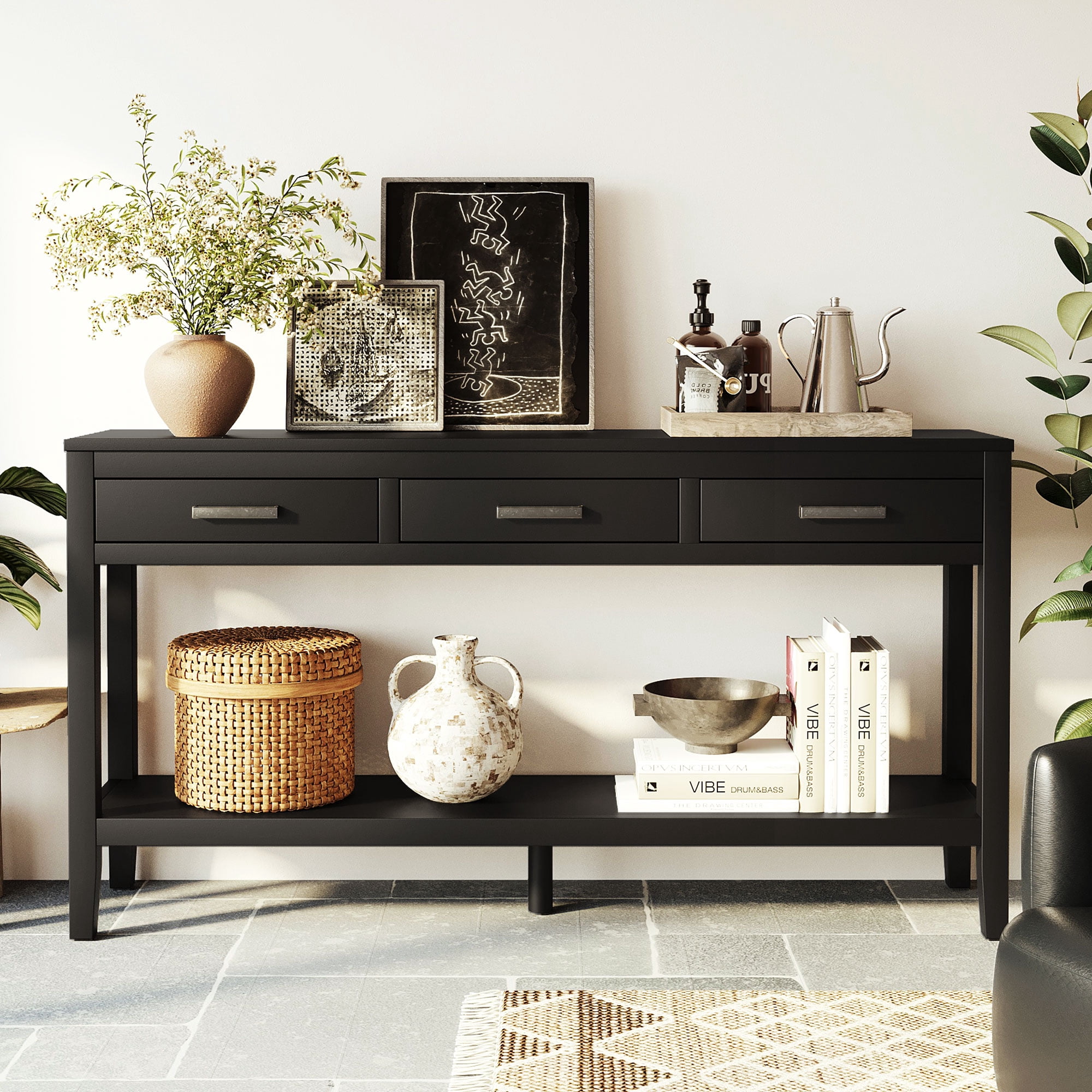 59.1" Farmhouse Entryway Table with 3 Drawers, Painted Console Table with Bottom Shelf & Iron Handles, Minimalist Sofa Table for Living Room, Hallway, Kitchen, Bedroom, Office