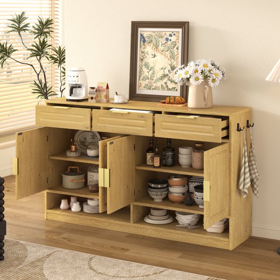 59.1" Farmhouse Sideboard Buffet - 3 Drawers 4 Doors, Adjustable Shelf & Open Storage for Dining/Living/Entryway,Natural