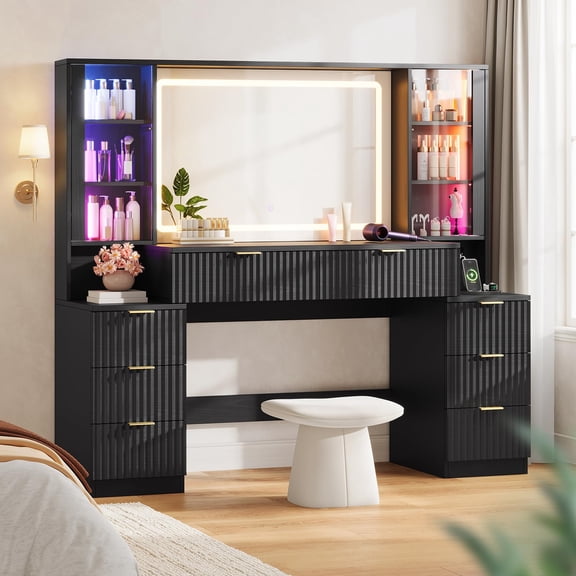 59.1" Fluted Makeup Vanity Desk with Large Mirror and Lights, 8 Drawer Vanity with Power Strip, Sound Sync LED Lights, Shelves, 2 Glass Cabinets,Modern Dressing Table for Bedroom,Black