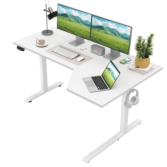 59.1 Inch Electric L-Shaped Height Adjustable Standing Desk, Sit to Stand Corner Desk with Memory Presets and Hooks, Ergonomic Home Office Computer Desk for Workstations, White