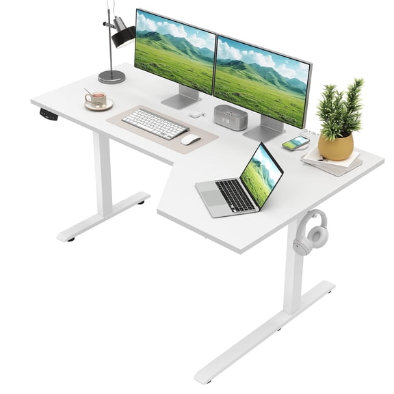 59.1 Inch Electric L-Shaped Height Adjustable Standing Desk, Sit to Stand Corner Desk with Memory Presets and Hooks, Ergonomic Home Office Computer Desk for Workstations, White