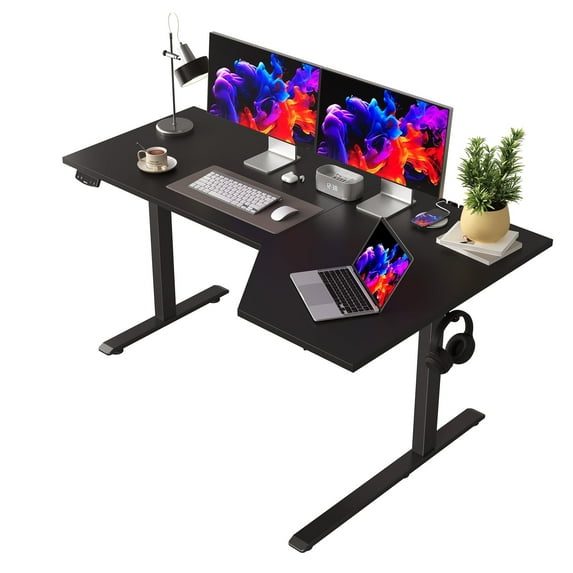 59.1 Inch Electric L-Shaped Height Adjustable Standing Desk, Sit to Stand Corner Desk with Memory Presets and Hooks, Ergonomic Home Office Computer Desk for Workstations, Black