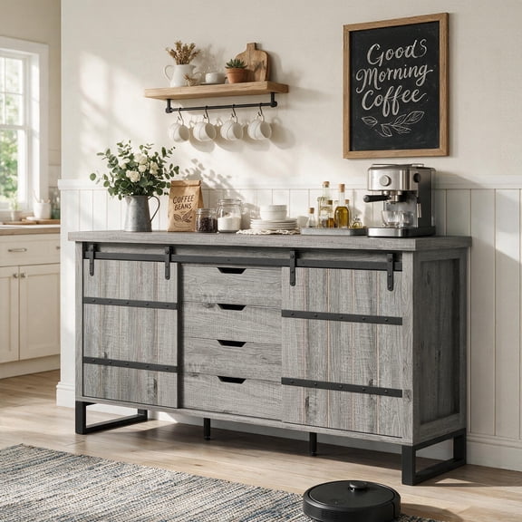 59.1 Inch Farmhouse Coffee Bar Cabinet with Sliding Barn Doors & 4 Drawers, Industrial MDF Buffet Sideboard Table, Large Kitchen Storage Credenza Console for Dining Room, Living Room, Grey Wash