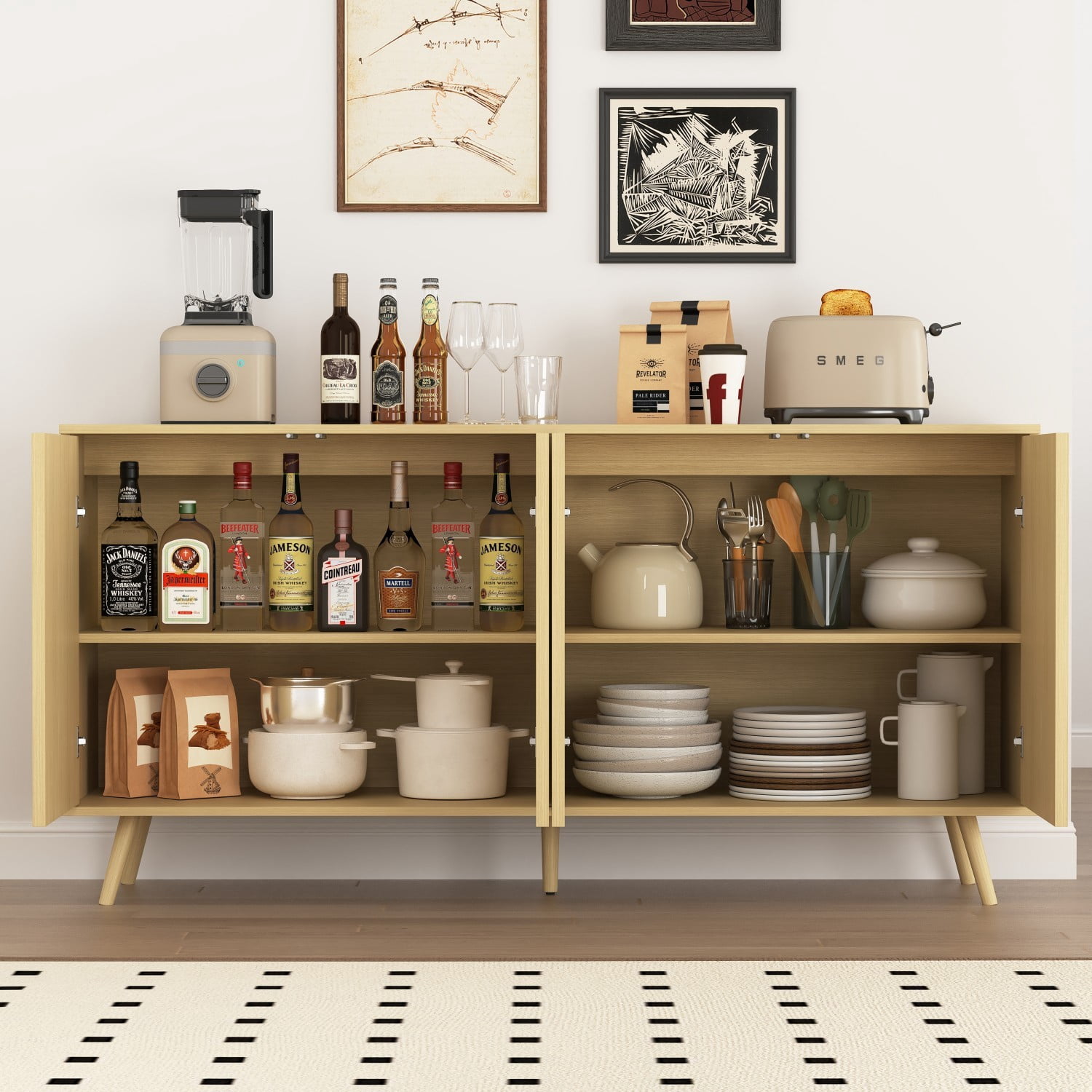 59.1" Sideboard Buffet Cabinet with Storage, 4 Door Credenza Cabinet with Adjustable Shelves, Wood Coffee Bar Console Cabinet for Kitchen Dining Room Living Room, Natural